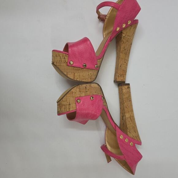 Platform High Heels Pink Studded Shoedazzle Sz 7.5 Peep Toe Party Glam - Picture 3 of 10